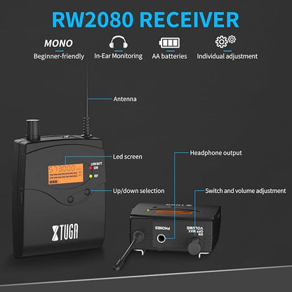 XTUGA RW2080 Wireless in Ear Monitor System 8 Bodypacks UHF IEM System, 2 * 40 Frequencies Mono Design Stage Monitors Earphone, 300Ft for Band, Studio or Musicians, 902-928mhz
