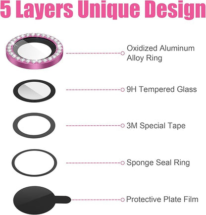 AGVEE 3+3 6 Pack for iPhone 14 6.1" / 14 Plus 6.7" Camera Lens Cover Protector, Bling Diamond & Bling Glitter Metal Ring 9H Tempered HD Glass Camera Cover Protector Film, Bling-Rose