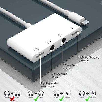 4 in 1 Headphone Splitter, iPhone Headphone Adapter + Dual 3.5mm Headphone Jack Adapter + Charging Port for iPhone 14 13 12 11 X 8 7