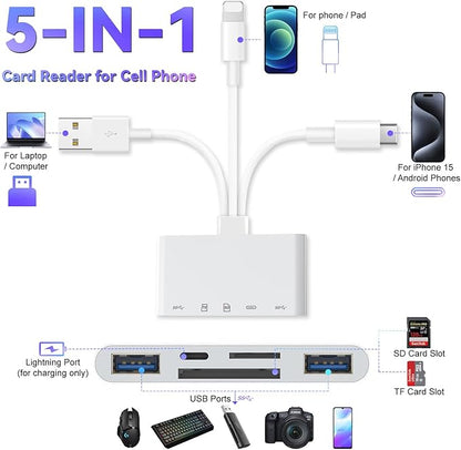 5-in-1 Memory Card Reader for iPhone, SD Card Reader USB C OTG Adapter with USB C to A Connector Micro SD/SD Dual Slots for iPhone/iPad/Galaxy/Android/Computer/Laptop/More