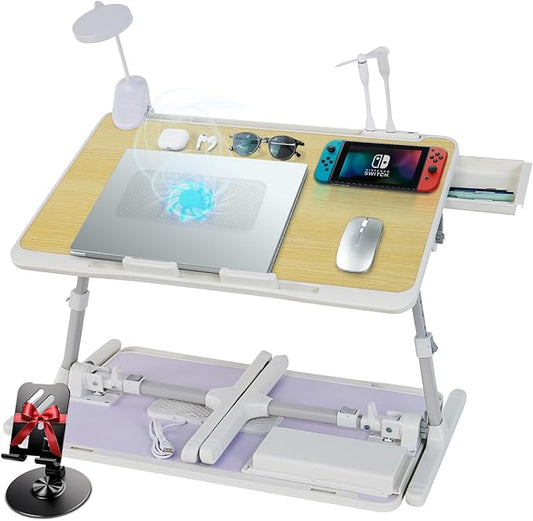 Laptop Lap Desk Include Cooling Fan,Adjustable Lap Desk with Light Fan,Folding Laptop Desk for Bed with USB,Bed Desk with Storage Drawer 56x32cm,White Oak