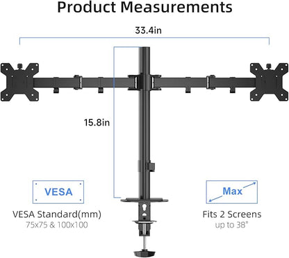 Suptek Dual Monitor Arm Desk Mount,Ultrawide Dual Monitor Arm for 2 Monitor Screens up to 38 inches and Max 22lbs Each,Extra Tall 15.75" Pole Fully Adjustable Monitor Stand for Desk,Black(MD9442MB)