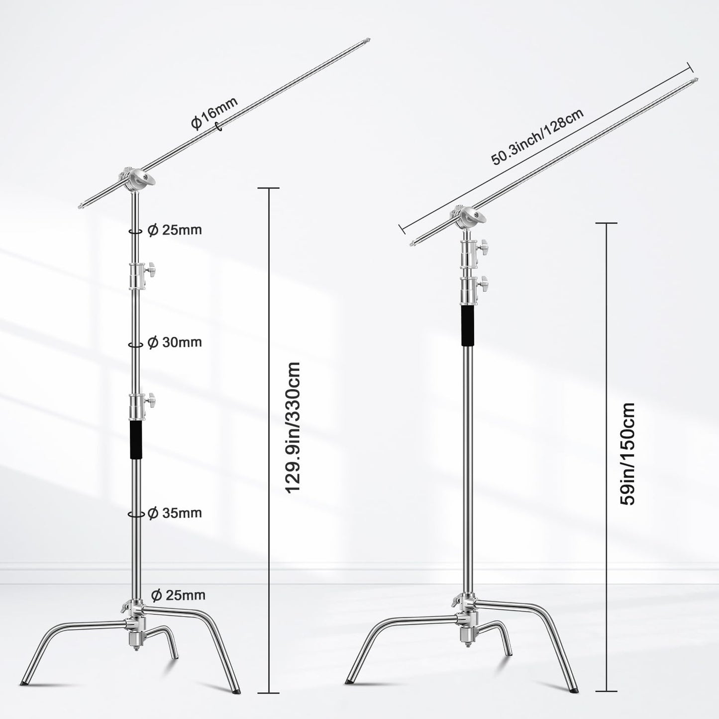 Heavy Duty C Stand 10.8ft/330cm with Boom Arm 100% Stainless Steel Photography C-Stand with Carry Bag Sandbag 3*Clip 2*Grip Head for Photography Studio Video Monolight Softbox Shooting