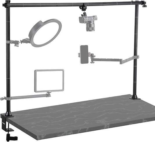 JUSMO LS15 Pro Camera Desk Mount, Aluminum Overhead Camera Mount Rig, Table Multi-Device Pole to Mount Magic Arm Clamp, DSLR, Cameras, Phone, Light, Microphone, Streaming, Studio, Max Load 22 lb