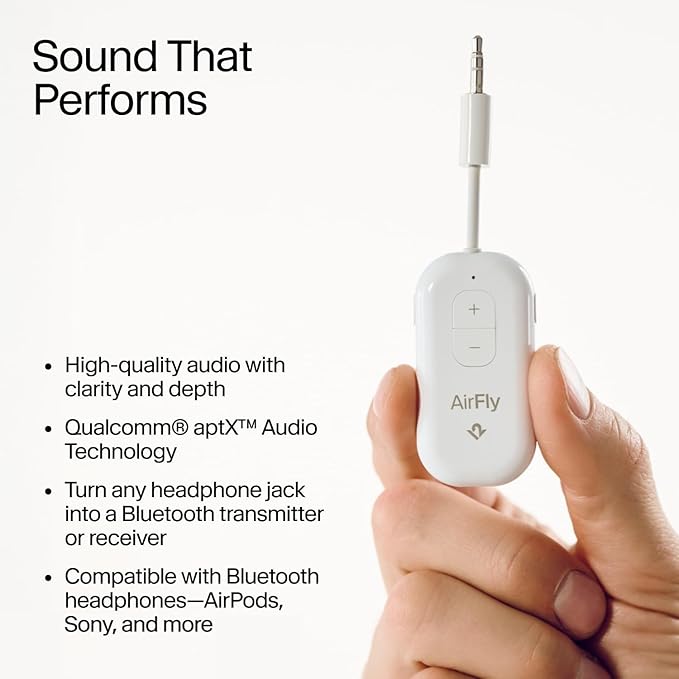 AirFly Pro 2 – Bluetooth Adapter for Airplane, Pair 2 AirPods or Wireless Headphones – 3.5mm AUX Bluetooth Transmitter and Receiver for Cars, Boats, Treadmills, TVs & More – Airplane Travel Essentials