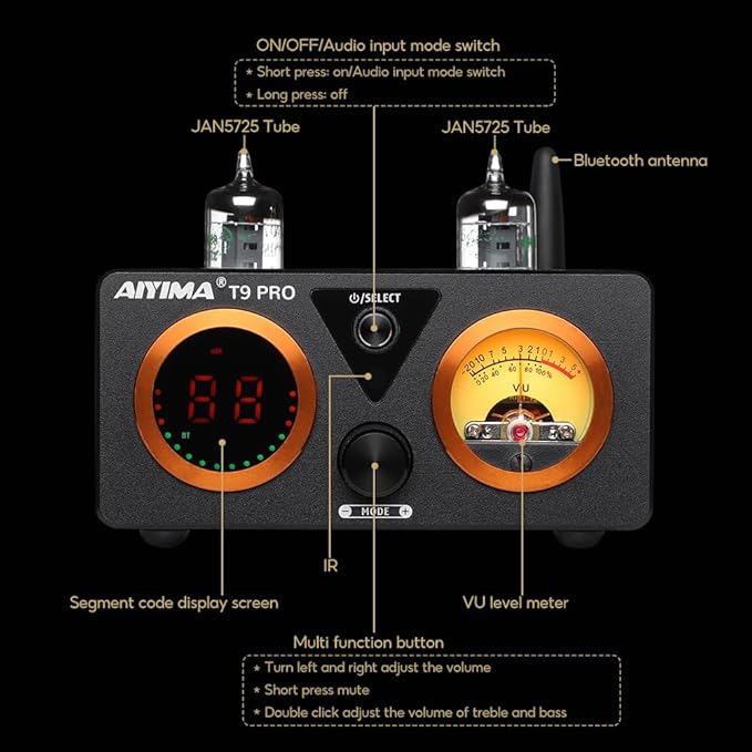 AIYIMA T9 PRO 200W Bluetooth Amplifier HiFi Digital Class D Power Amp 2.0/2.1 Channel Vacuum Tube DAC Amp with VU Meter & Bass Treble Bluetooth 5.2 Coaxial Optical PC-USB inputs (AIYIMA T9 PRO)