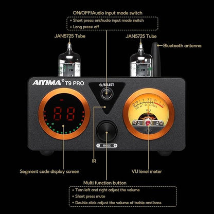 AIYIMA T9 PRO 200W Bluetooth Amplifier HiFi Digital Class D Power Amp 2.0/2.1 Channel Vacuum Tube DAC Amp with VU Meter & Bass Treble Bluetooth 5.2 Coaxial Optical PC-USB inputs (AIYIMA T9 PRO)