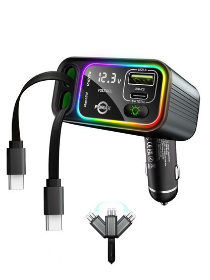 PDMAX Retractable Car Charger USB C,145W Type C Car Charger Fast Charging with Dual Retractable USB C Cable and USB Ports for iPhone 17/16/15,S25/24/23/22, Pixel 9/8/7（Build-in Dual Type C Cable）