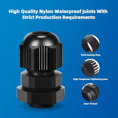 Cable Gland 20 Pack Plastic Waterproof Adjustable Connector 3-7mm PG7 Strain Relief Cord Connectors Joints Nylon with Gaskets