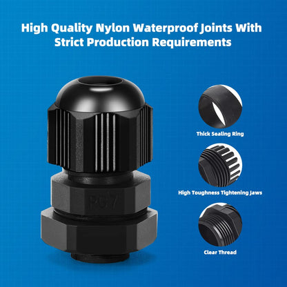 CGELE Cable Gland 20 Pack Plastic Waterproof Adjustable Connector 3-7mm PG7 Strain Relief Cord Connectors Joints Nylon with Gaskets
