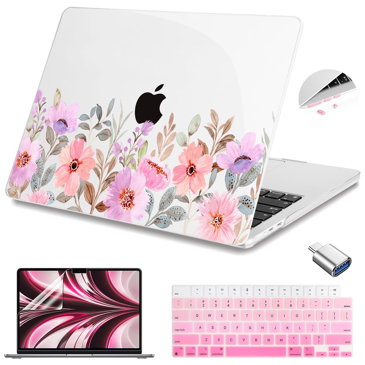 Teryeefi for MacBook Air 13.6 inch Case M5 M4 M3 M2 2022 2023 2024 2025 Model A2681 A3113 A3240 A3449 Plastic Hard Shell Cover with Screen Protector & Keyboard Cover & USB Adapter, Gold Flower Leaf