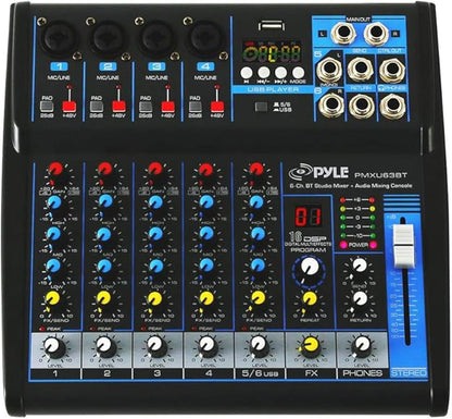 Pyle 6-Channel Professional Audio Mixer - USB - Bluetooth - 48V Phantom Power - Digital MP3 Input - FX 16-Bit DSP - Desk System Interface - PMXU63BT