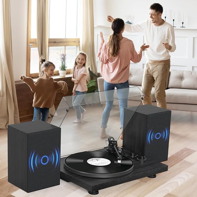 Udreamer Vinyl Record Player, Turntable with 40W Speakers, Bluetooth Input Output and USB Record, Vintage LP Player with AT-3600L Cartridge, Built-in Phono Preamp, Counterweight and Pitch, Black