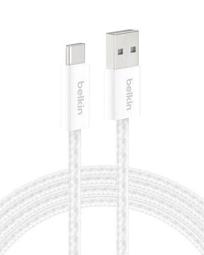 Belkin USB A to USB C Cable, 6.6ft, 15W - Type C Charger, iPhone Charger Cord, Soft, Braided, Flexible for iPhone 16 & 15, Galaxy S25, Pixel 9, iPad Pro, Airpods Pro, Switch & More - White