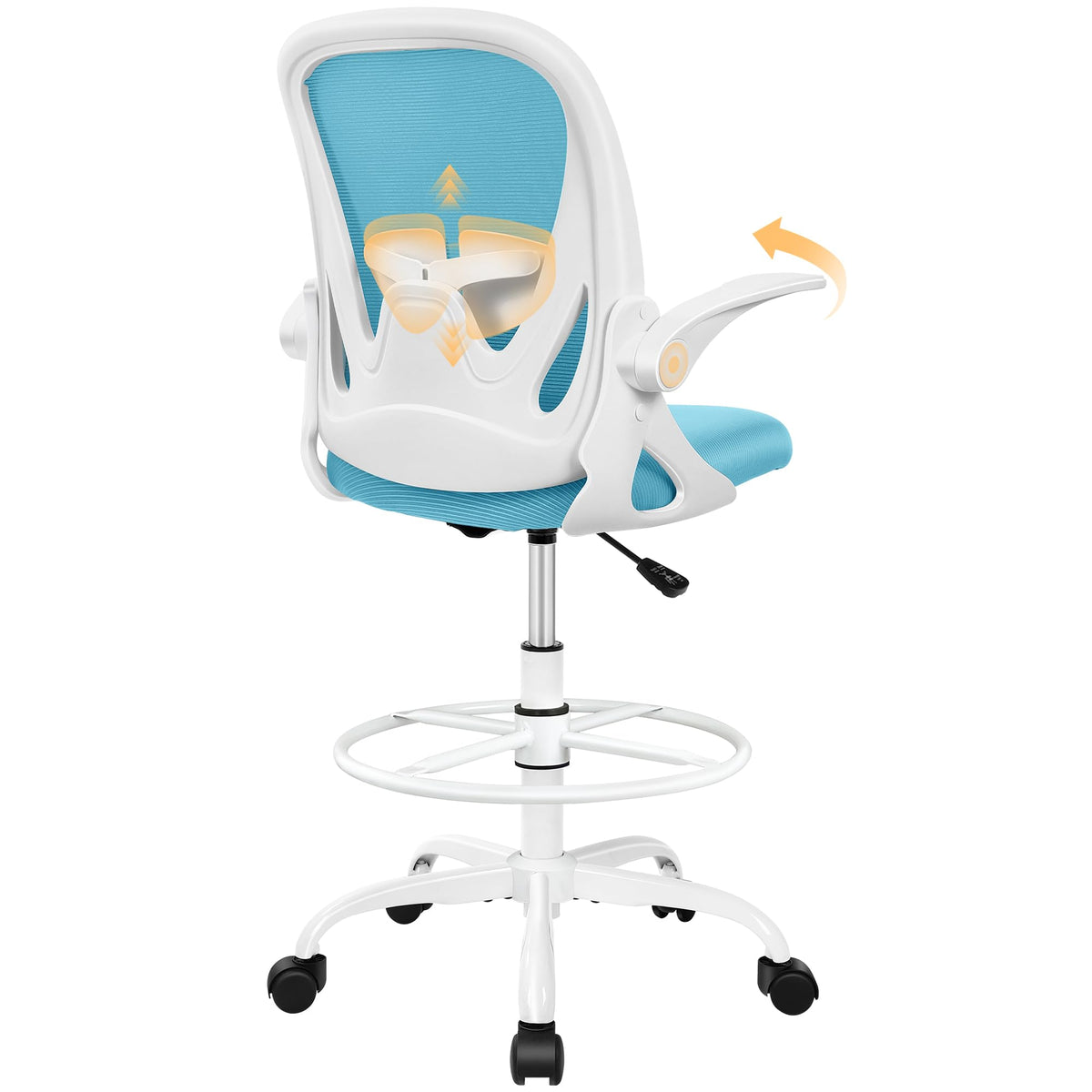 Drafting Chair Tall Office Chair with Flip-up Armrests, Adjustable Height, and Enhanced Lumbar Support - Ergonomic Rolling Stool, Back Support, and Adjustable Foot Rest Ring Light Blue