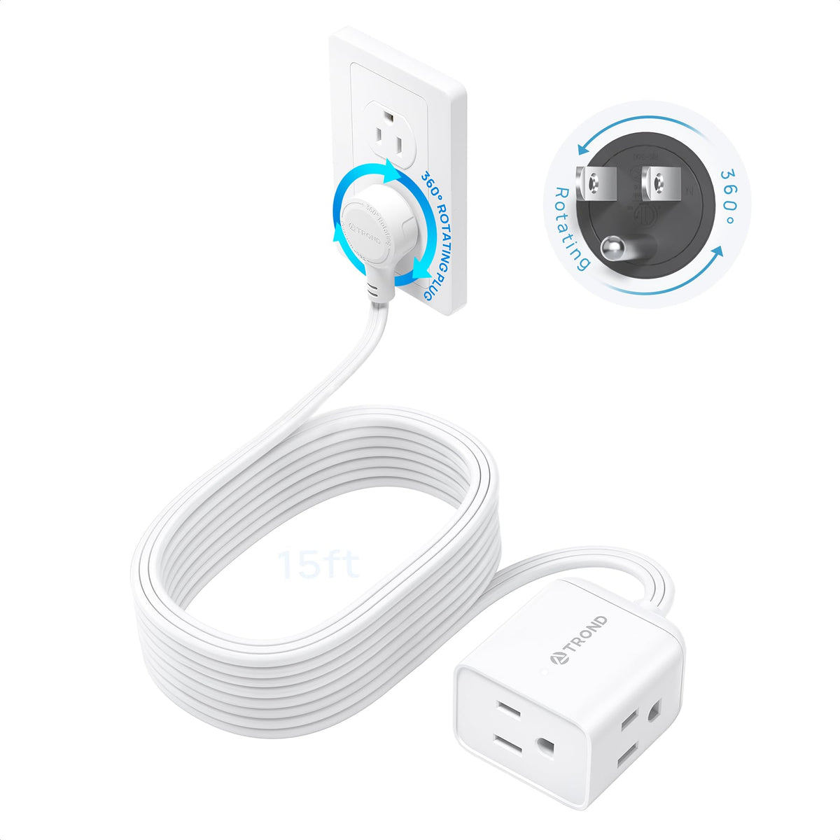 TROND Rotating Flat Plug Extension Cord Surge Protector 1.5ft, 3 AC, White