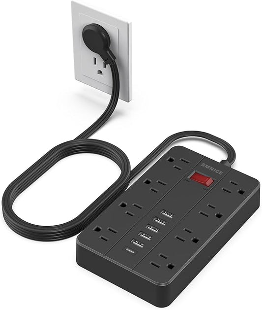 Power Strip with USB,SMNICE Power Strip Flat Plug with 8 Widely-Spaced Outlets & 6 USB(1USB C) Ports, Wall Mountable 5ft Extension Cord for Smartphone Tablet Laptop Computer Multiple Devices