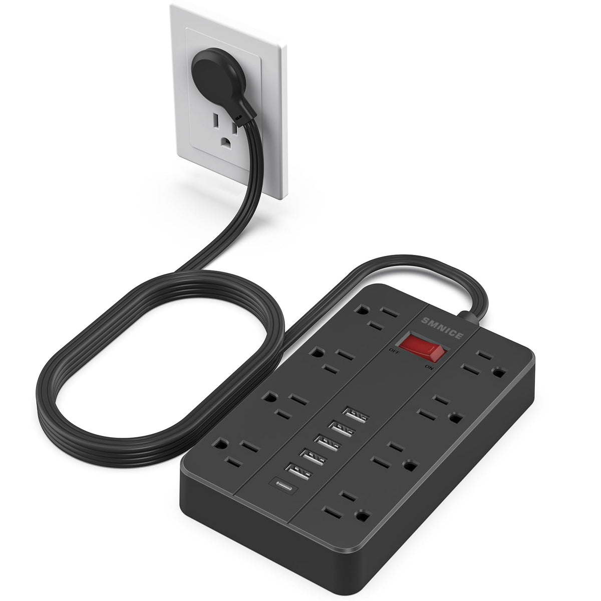 Power Strip with USB,SMNICE Power Strip Flat Plug with 8 Widely-Spaced Outlets & 6 USB(1USB C) Ports, Wall Mountable 5ft Extension Cord for Smartphone Tablet Laptop Computer Multiple Devices