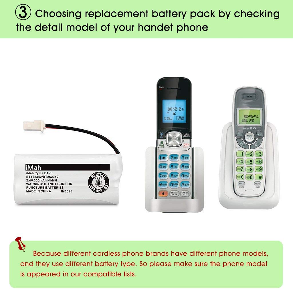 iMah BT162342 BT262342 Cordless Phone Batteries Compatible with BT183342 BT283342 BT166342 BT266342 VTech CS6114 CS6419 CS6719 AT&T EL52300 CL80111 Handset Telephone (Pack of 2)