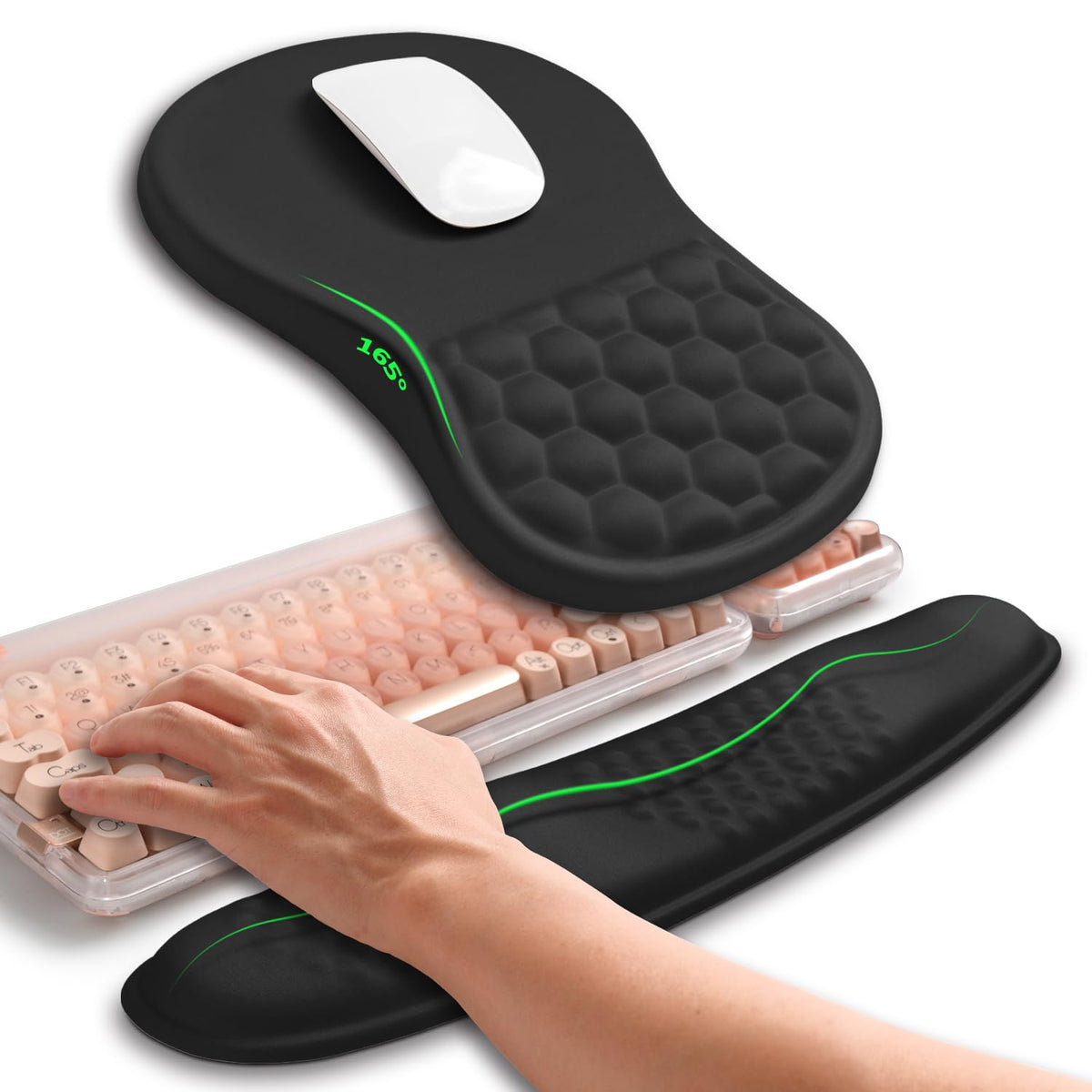 Hokafenle 2in1 Combination, Wave Keyboard Wrist Rest and Ergonomic Curvature Mouse Pad Wrist Support for Relieve Wrist Pain, Filled with Soft Cushion Memory Foam, Golden Pink Marble