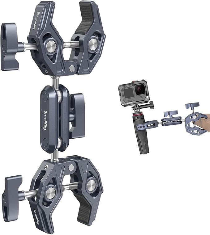 SMALLRIG Double Clamp Mount, Umbrella Clamp, Super Clamp Arm, for Chair, Pole, Tripod, C Stand, Handlebar, All Metal Max Load Capacity 3.5kg
