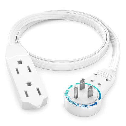 Maximm Cable 2 Ft 360° Rotating Flat Plug Extension Cord, 16/3 AWG Multi 3 Outlet 3-Prong Grounded Wire- White - UL Certified