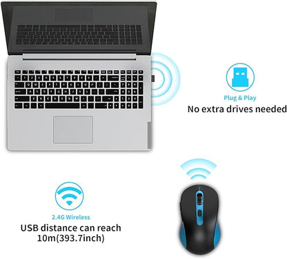 Wireless Mouse for Laptop, PC, Chromebook, Mac, MacBook, Silent Mouse with USB Nano Receiver, Side Button, 2400 DPI, Anti Slip Roller, 6 Button Ergonomics Cordless Computer Mice - Black Blue
