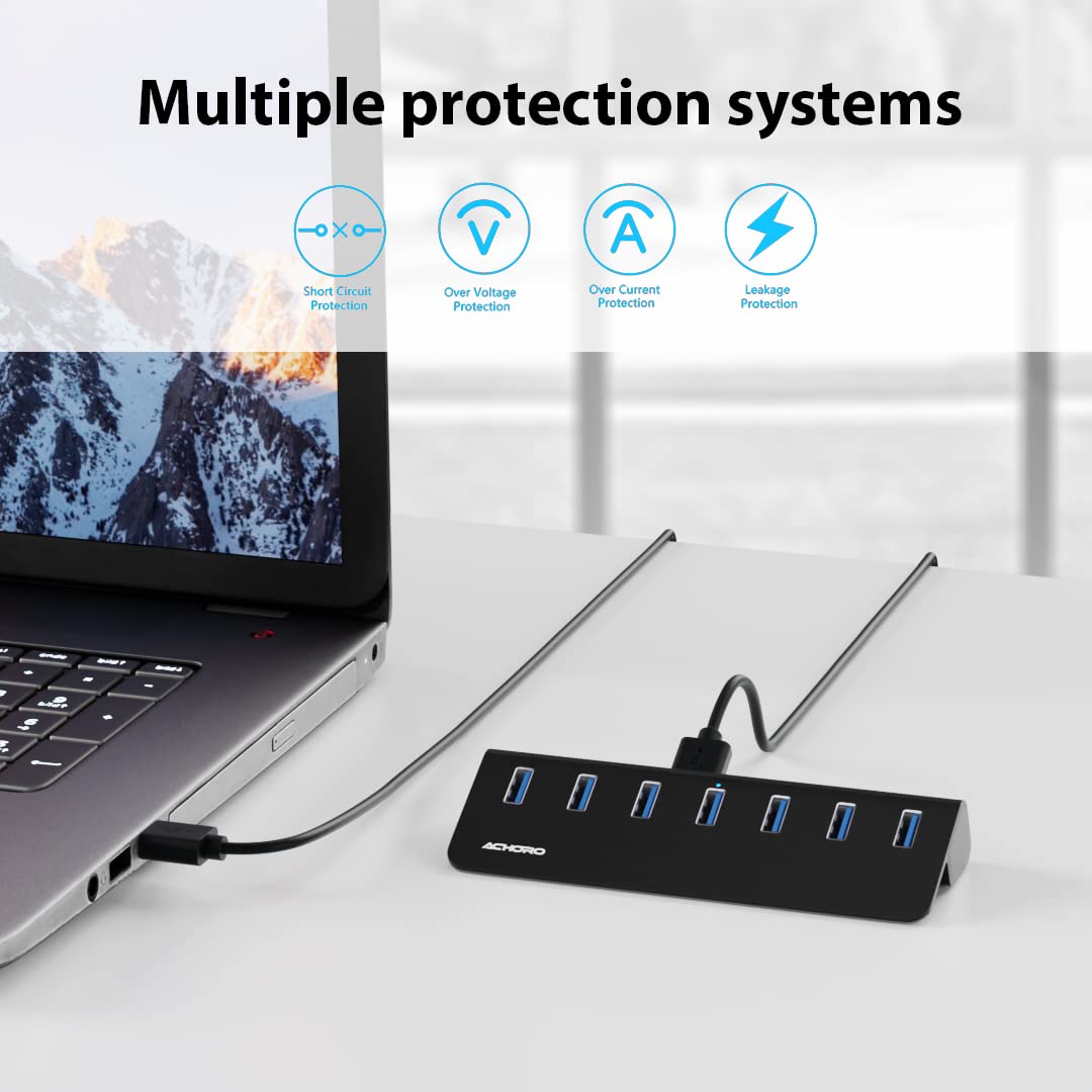 Achoro 7-Port Powered USB 3.2 Hub (2nd Gen) – 10Gbps Super Speed Aluminum USB Expander for Computer, Mac, PC, Laptop, Smartphone & Tablet – External Multi-Port Hub