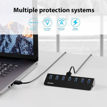 Achoro 7-Port Powered USB 3.2 Hub (2nd Gen) – 10Gbps Super Speed Aluminum USB Expander for Computer, Mac, PC, Laptop, Smartphone & Tablet – External Multi-Port Hub