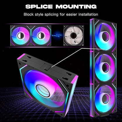 Jungle Leopard Interstellar V2 120mm PC Reverse Blade Case Fan Infinity Mirror Module Daisy-Chain ARGB Fan Triple Pack with Controller Suitable for Computer Case & 360mm AIO Cooler(Black-3pack)