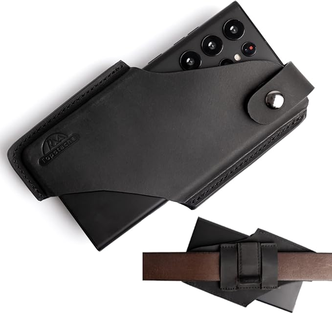 Topstache Leather Belt Phone Pouch for Galaxy S25/S24 Ultra & Plus - Belt Clip & Loop Cell Phone Holster for iPhone 17/16 Pro Max & Plus - Magnetic Closure Leather Case Holder, L,Black