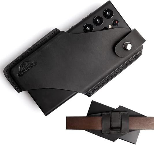 Topstache Leather Phone Holster with Magnetic Closure, Belt Clip Loop Case for iPhone & Samsung, Black, Medium