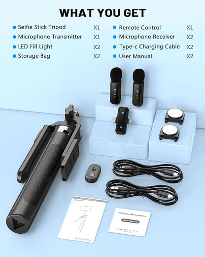 Vlogging Kit for iPhone/Android, 71" Selfie Stick Tripod for iPhone with Light, Wireless Remote & Microphone, Adjustable Phone Tripod for TikTok/YouTube Starter Content Creator Essentials Kit