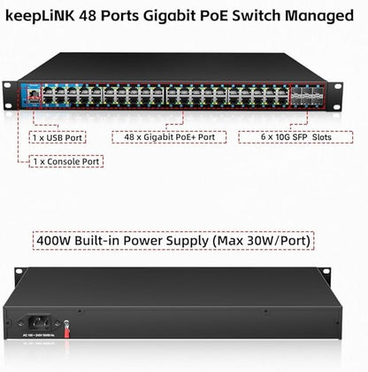 48 Port Gigabit PoE Switch Managed, with 48 PoE+ Ports @400W, 6 10G SFP Slots, IPv6 Static Routing, Desktop or Rackmount