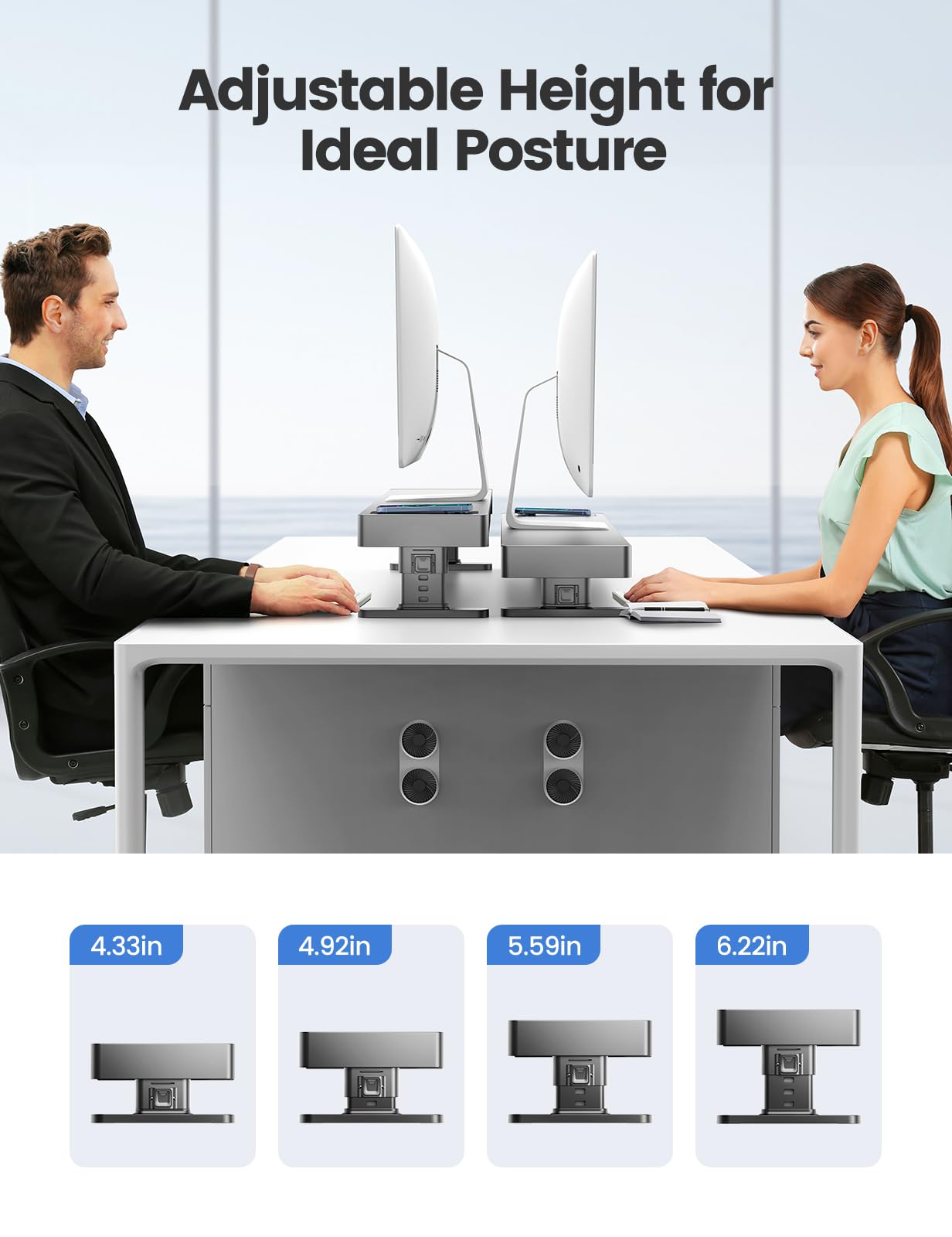 meatanty Dual Monitor Stand with 4 Adjustable Heights, Auto Phone Charging Pad, 4 USB Ports, Computer Riser with Drawers Storage, Metal Double Desk Organizer Lifter Raiser for 2 Monitors Screen Gift
