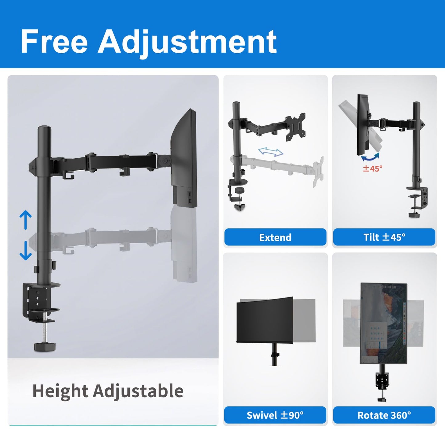 H&C(hcck&Cllassp) Single Monitor Mount, Desk Mount with Swivel, Tilt, Rotation, Height Adjustable, VESA Mount for 17-27” Monitors up to 17.6 lbs, Monitor Stand with C-Clamp, Black