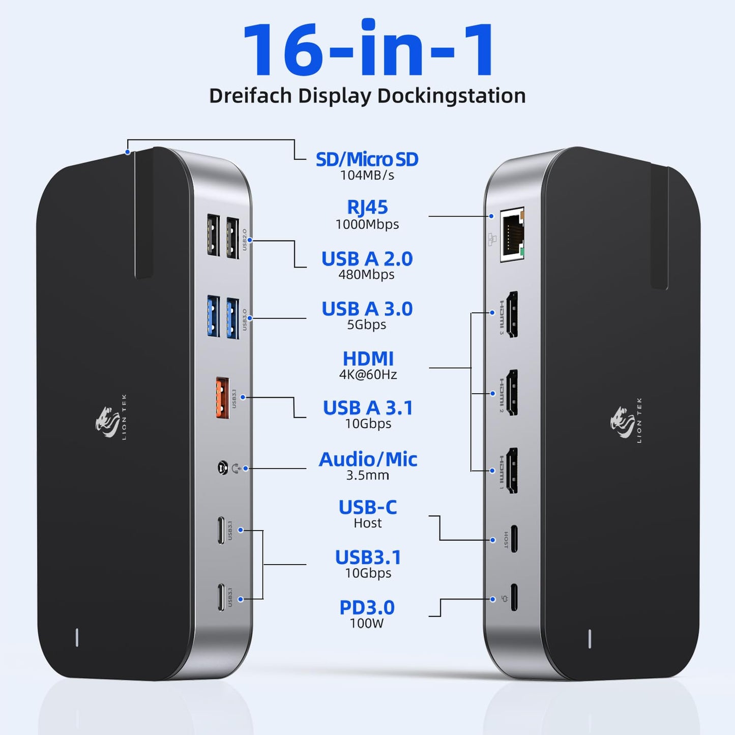 LIONWEI Laptop Docking Station,16 in 1 USB C Docking Station Triple Monitor