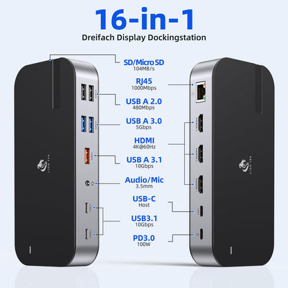LIONWEI Laptop Docking Station,16 in 1 USB C Docking Station Triple Monitor