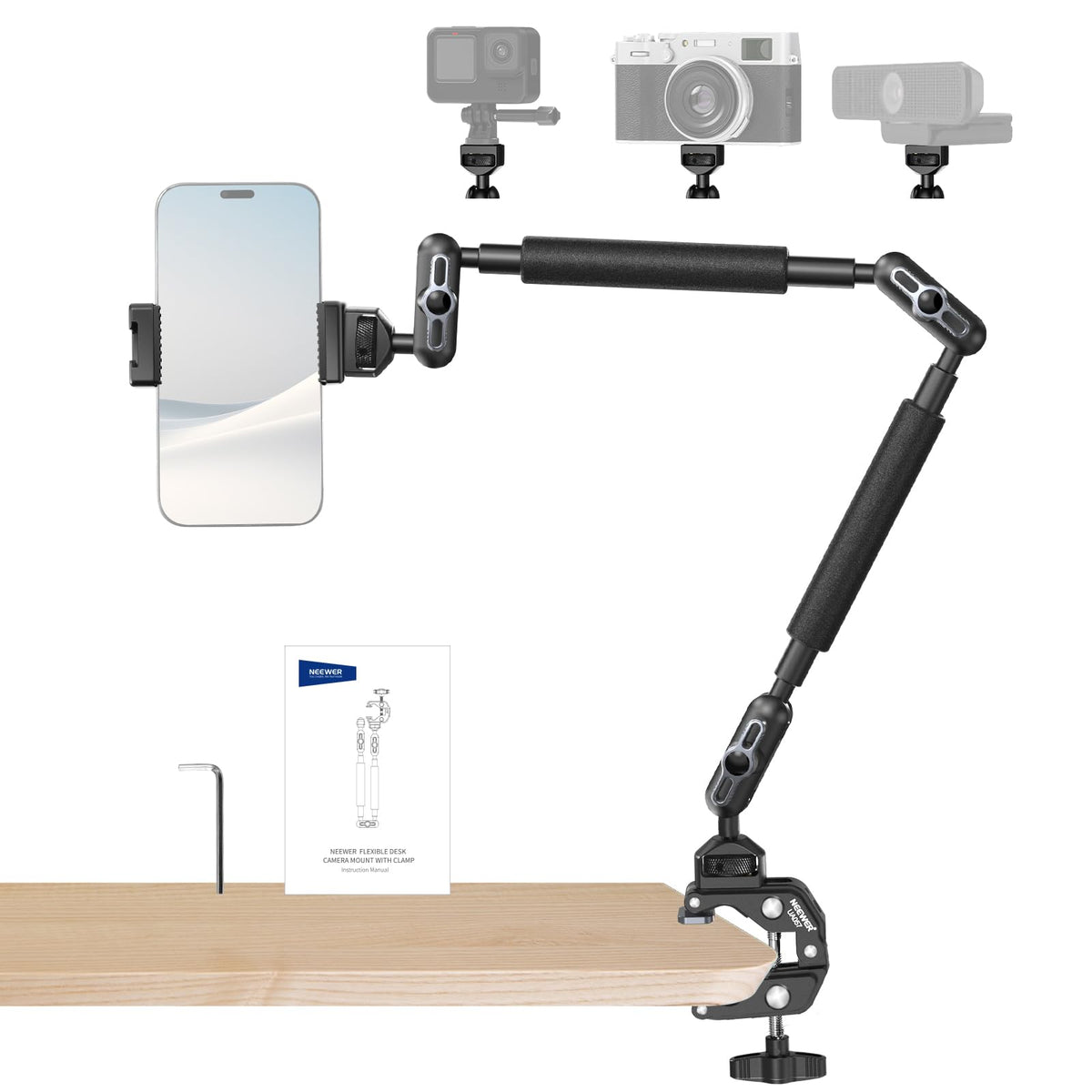 NEEWER 30" Articulating Magic Arm with Desk Super Clamp/Action Cam Mount/Phone Holder, Overhead Camera Mic Boom Stand, Compatible with GoPro iPhone DSLR Webcam Microphone Video Recording, UA056