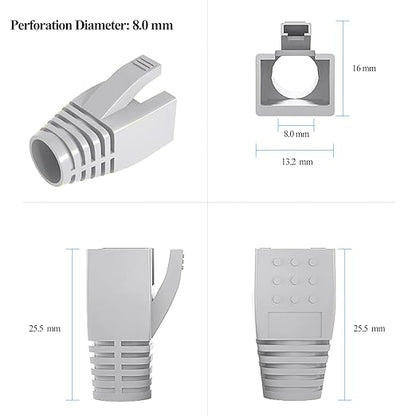 50-Pack RJ45 Boot Cover, Cat6A Cat7 Ethernet Network Cable Strain Relief Boot for 6.5-8.0mm Ethernet Cable (Hole Diameter: 8.0mm, Grey)