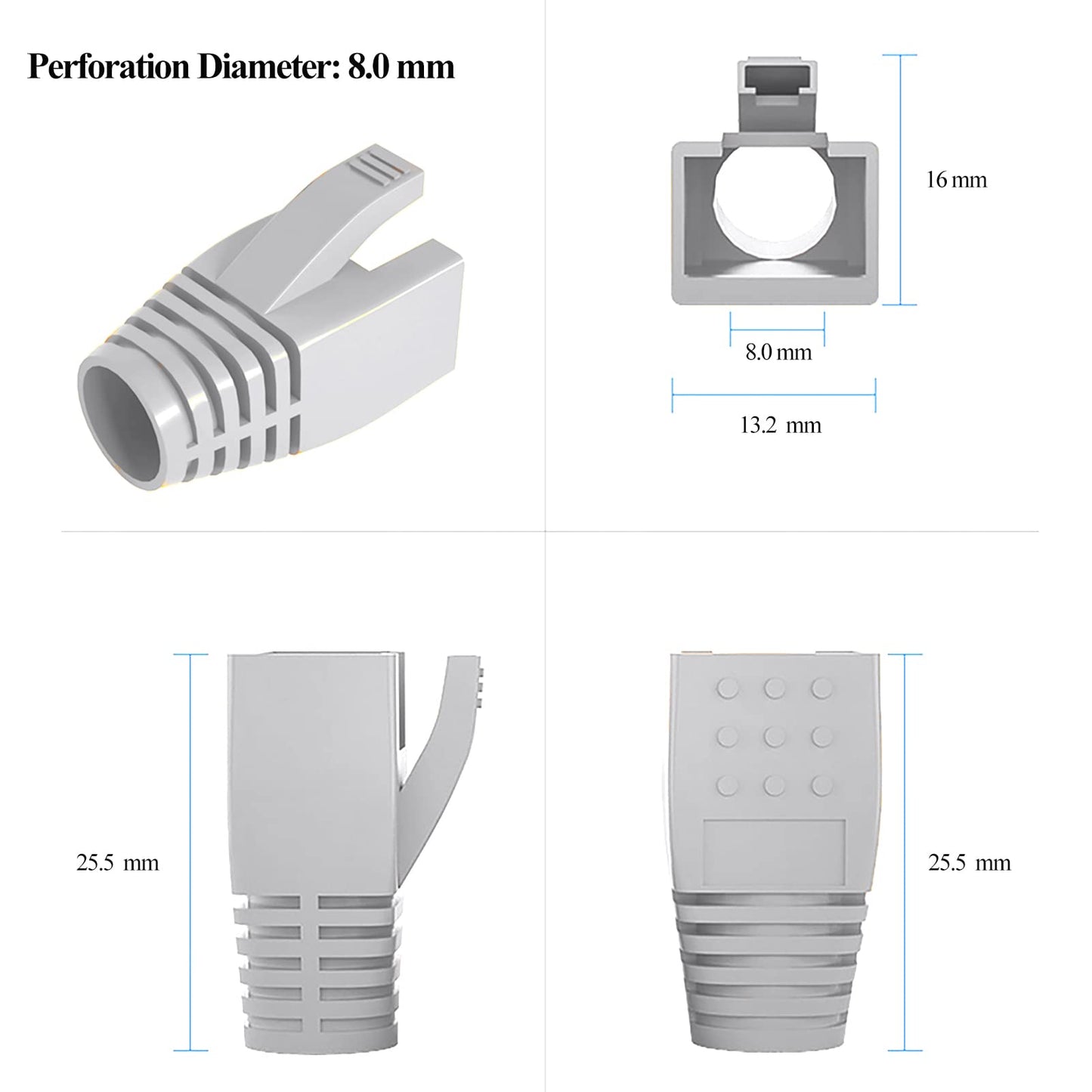 JODROAD 100Pack RJ45 Boot Cover, Cat5 Cat6 Cat6A Ethernet Network Cable Strain Relief Boot, Fits Overall Jacket Diameter 5.5-6.5MM Ethernet Cable (Hole Diameter: 6.5mm, Grey)