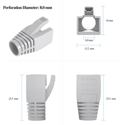 JODROAD 100Pack RJ45 Boot Cover, Cat5 Cat6 Cat6A Ethernet Network Cable Strain Relief Boot, Fits Overall Jacket Diameter 5.5-6.5MM Ethernet Cable (Hole Diameter: 6.5mm, Grey)