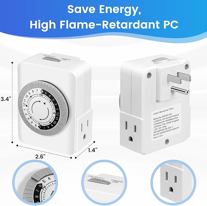 Timers for Electrical Outlets Indoor, AaiVrylliz 3-Prong Dual Outlet Timer,24-Hour 30 Minute Daily On/Off Cycle, Plug-in Mechanical Timers for Christmas Lights, Lamps, Grow Light