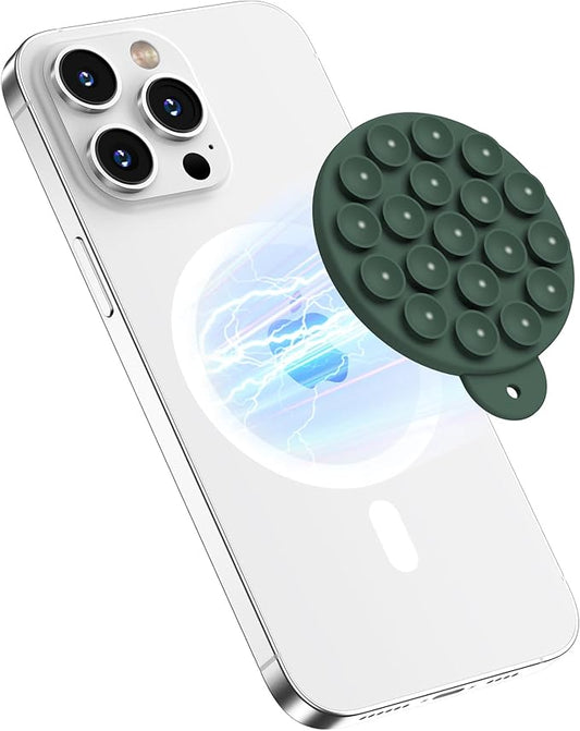 HSAOHD Magnetic Suction Cup Phone Mount, Compatible with MagSafe, Silicone Octo Cup Buddy Sticky Grip Holder for iPhone and Android, Removable Hands-Free Selfie/Video for TikTok, Alpine Green