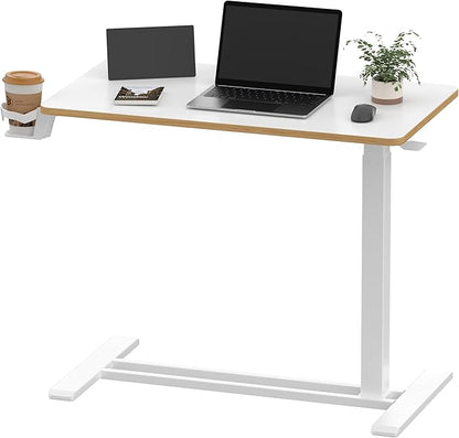 SANODESK Medical Adjustable Overbed Bedside Table with Hidden Casters, Pneumatic Mobile Laptop Computer Standing Desk Cart with Tray, Hospital and Home Use(31.5" W x 17.7" D, White)
