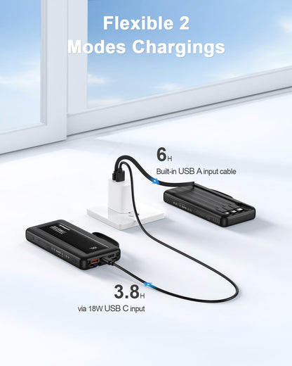 FlyKangaroo Portable Charger with Built in Cables, Slim 10000mAh Fast Charging 22.5W Power Bank USB C LED Display Battery Pack 6 Outputs & 2 Inputs for iPhone Samsung Pixel LG Moto iPad