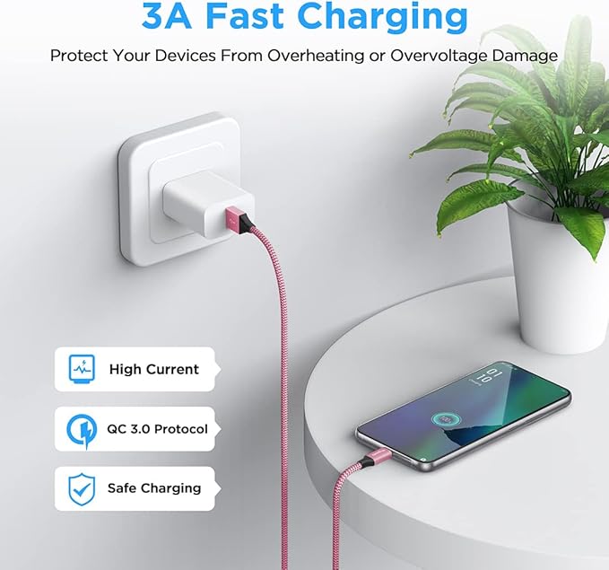 etguuds 4ft USB A to USB C Cable 3A Fast Charging, 2-Pack USB A to USB Type C Charger Cord for iPhone 16 15 Pro/Pro Max/Plus, for Samsung Galaxy S24 S23 S22 S21 S20 S10 A55 A54 Flip Note, Moto, Pink