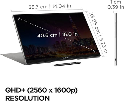 ViewSonic TD1656-2K 16 Inch WQXGA 1600p IPS Touchscreen Portable Monitor with 2 Way Powered 65W USB C, and Smart Cover with Built-in Stand
