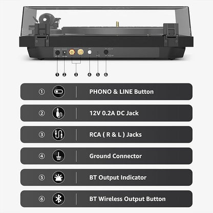 Record Player Wireless Output Turntable Carbon Fiber Tonearm Vinyl Player Aluminium Platter Belt-Drive LP Turn Tables 2 Speed RPM Phono RCA Line Output AT-3600L MM Cartridge Audio Sound Pure Black