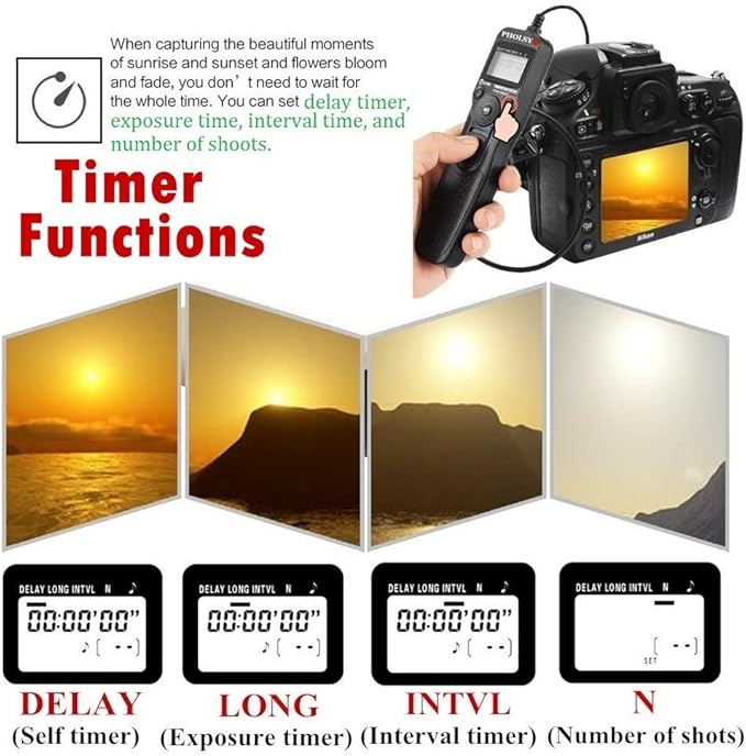 PHOLSY N10 Timer Remote Control Cable with Intervalometer for Nikon Z5, Z7-II, Z6, Z6-II, D750, D780, D7500, D7200, D7000, D5600, D5500, D5300, D3300, D610, D90, P7700, P7800, P950, Replaces MC-DC2